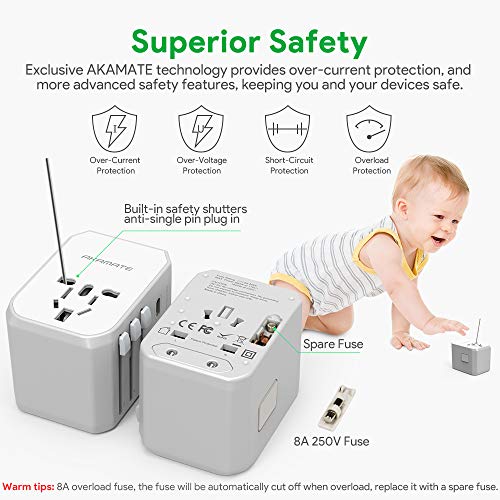 Travel Adapter, AKAMATE International Universal Power Wall Charger with 4 USB, 1 USB C, Smart IC, All in One Adapter for Europe, UK, US, AU, Asia and More