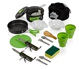 Mess Kit (14 Pcs) for Camping w/ Cookware Set Plus 2 Utensil Sets, 2 Silicone Cups, Cutting Mat & Dunk Bag by EcoCamp Outdoor Gear|Compact, Light & Durable for Military, Backpacking, Hiking|Green