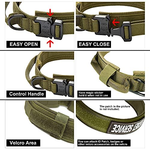 RILPET Tactical Dog Collar, Adjustable Military Training Nylon Collar with US Flag Patch with Control Handle and Heavy Metal Buckle for Medium Large Dogs (M, Type1-Green)