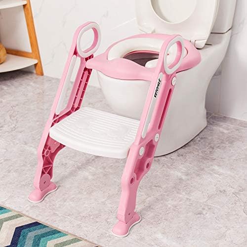 VETOMILE Potty Training Toilet Seat Extra Soft Padding for Girls Boys with Adjustable Step Stool Ladder Easy to Assemble for O V U Shaped-Toilets (Pink)