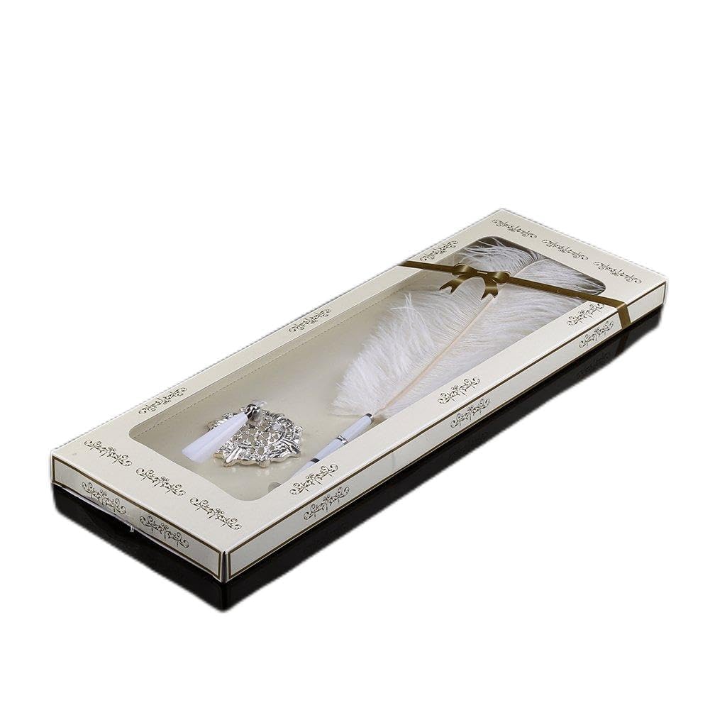 TOPINCN Quill Pen,2 Colors Ostrich Feather Wedding Quill Signing Ballpoint Writing Pen With Metal Holder New(Silver)