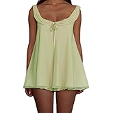 TUWIXIUW Women Ruffle Pajama Sets 2 Piece Scoop Neck Babydoll Tank Top Wide Leg Shorts Set Chiffon Lace Pjs Loungewear