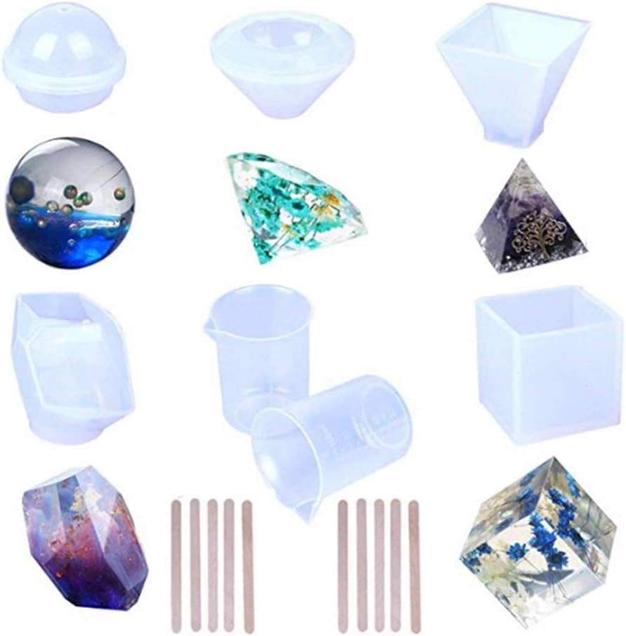 Ioffersuper 5 Pcs Silicone Resin Different Shape Casting Moulds Including Sphere, Cube, Pyramid, Diamond, Irregular with 2 Measuring Cups and 10 Wood Sticks for Soap Candle DIY Bath Bomb Home Decoration