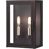 GLOBE Electric 60000131 2-Light Outdoor Wall Sconce, Dark Bronze, Matte Brass Accents, Weatherproof Glass Door Closure