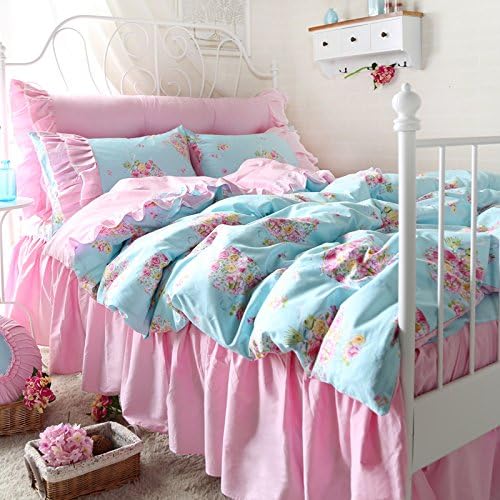 Sisbay Girls Pink Blue Floral Print Bedding Queen,Child Princess Rustic Duvet Cover,Falbala Fresh Bed Skirt Set,4PC