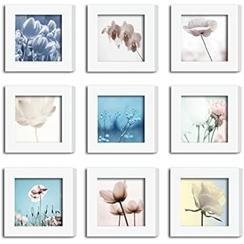9Pcs 4x4 Real Glass Wood Frame White , Fit Family Image Pictures Photo (Window 3.6x3.6 inch) , Desktop Stand On Wall Family Combine Square Flower Lotus Rose Motivational Decoration (10 Set Pictures)