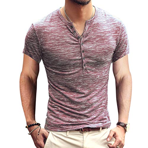Men's Soild Henley Short Sleeve Tops Buttons Front Casual T Shirts Tee,WineRed,S