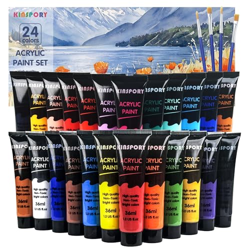 KINSPORY Acrylic Paints 24 x 35 ml with 4 Brushes – Waterproof, Certified Safe, Acrylic Paint – for Canvas, Wood, Glass, Stone – Ideal for Artists, Beginners and Children