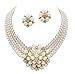 Chunky Women Elegant Statement Cream Simulated-Pearl Cluster Crystal Bridal Gold Chain Necklace Set CLIP ON Earring