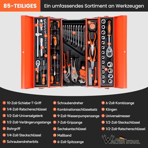 Walter Steel Complete Tool Box 85 Pieces, Chrome Vanadium | Complete Portable Screwdriver and Pliers Tool Kit Ideal for Daily Maintenance at Home or Garage Orange