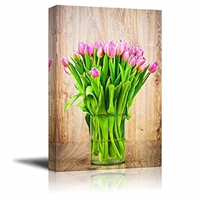Canvas Prints Wall Art - Bouquet of Tulips in a Glass Vase on a Wooden Background | Modern Wall Decor/Home Decoration Stretched Gallery Canvas Wrap Giclee Print. Ready to Hang - 12" x 18"