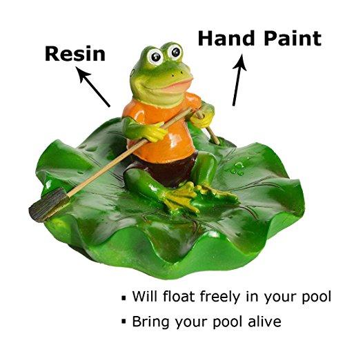 SIGMALL Floating Pond Decor, Funny Rowing Frog Statue, Outdoor Simulation Resin Cute Frog Sitting on Lotus Leaf, Floater for Home Pool Lawn Decoration Garden Art in Water (Rowing Frog)