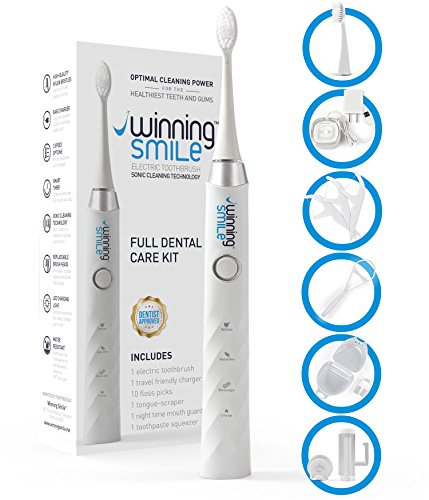 Rechargeable Power Electric Toothbrush - Complete Dental Kit for Adults - 2 Heads, Floss Picks, Tongue Scraper, Toothpaste Squeezer and Nighttime Mouthguard - Best Sonic Power Cleaning Technology
