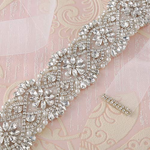 SoarDream Wedding Sash White Organza Ribbon-Crystal Beaded Belt Bridal Sash Wedding Belt for Bride - Thumbnail 4