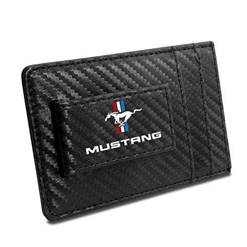 Ford Mustang Tri-Bar Black Carbon Fiber Leather Wallet RFID Block Money Clip
