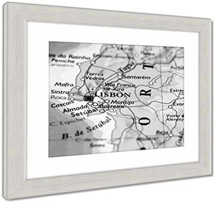 Ashley Framed Prints Lisbon On Map, Wall Art Home Decoration, Black/White, 40x34 (frame size), Silver Frame, AG5945152