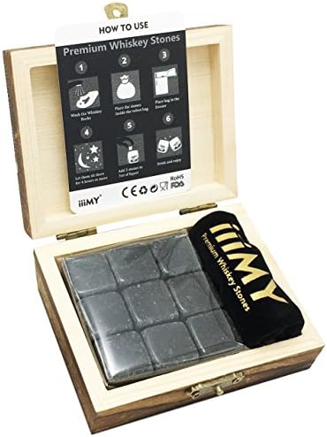 Whiskey Stones Granite 9 Chilling Rocks Gift Set in Handmade Wooden Box - Free Pouch Include - Pack of 9 Premium Whiskey Rocks - iiiMY