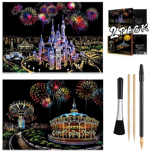 Scratch Art Rainbow Painting Paper 16'' x 11.2'' Sketch Pad Night View Scratchboard for Kids & Adults, Engraving & Craft Set, Scratch Painting Gift, 2 Pack with 6 Tools (Castle - Amusement Park)