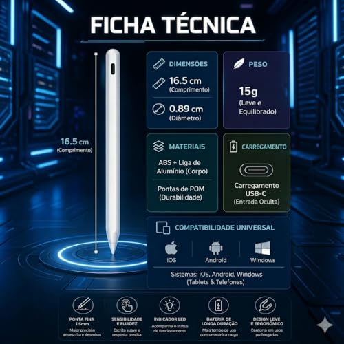 Caneta Stylus Pen Recarregável USB com Ponta Fina 1,5mm e LED para iPad, Tablet e Celular Touch Screen
