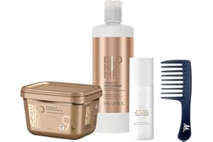 BlondeMe Lightener 9+ Premium Bleach Powder 450 grams, Blonde Me Developer 6% / 20 Volume 1 Liter, Marula Oil Blend Scalp Primer 150 ml, M Hair Designs Detangling Comb (Bundle)