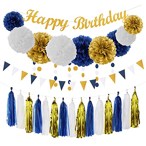 Navy-blue Gold Men-boys Birthday Decorations - 27pcs Party Kits Happy Birthday Banner Flags,40th 50th Birthday Decor Tissue Paper Pom Poms,Tassel Streamers Garland Party supplies Lasting Surprise
