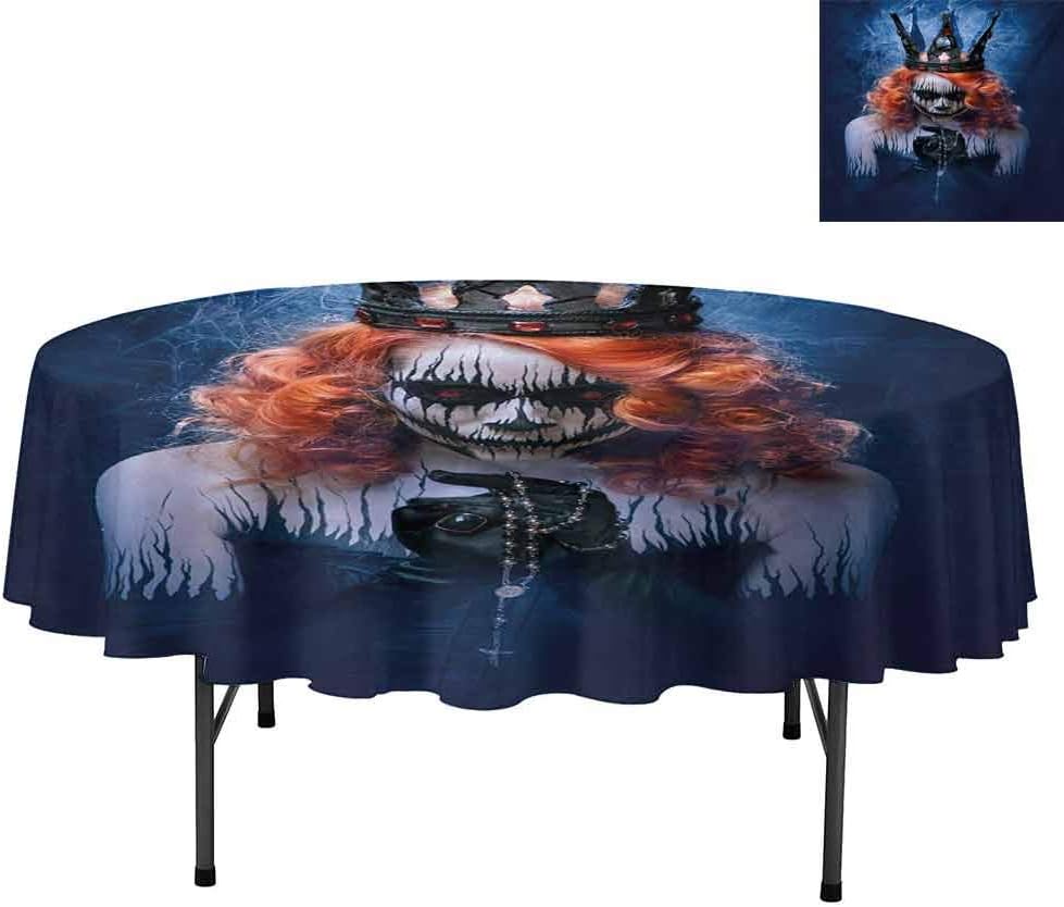 Aishare Store Polyester Fabric Table Cloth, Queen of Death Scary Body Art Halloween Evil Face Bizarr, Round Tablecloths for Circular Table Cover, Round 36", Navy Blue Orange Black