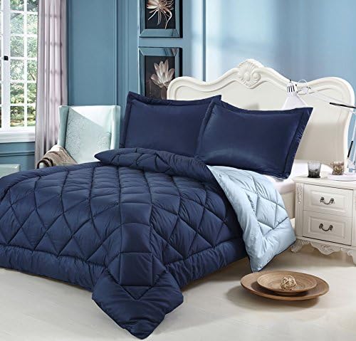 HCI Hand Crafted Brushed Velvet Goose Down Alternative Reversible Comforter Set (Twin 68'' X 88'', Dress Blue & Sky Blue)