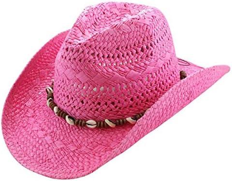 Straw Country Cowboy Hat, Beads (Fuchsia Pink)