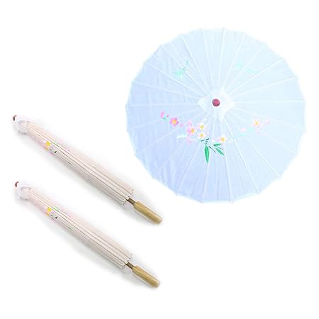 Pair of 22 Inch Tall White Floral Pattern Wood Bamboo Nylon Parasol Umbrella Backyard Decoration Gift