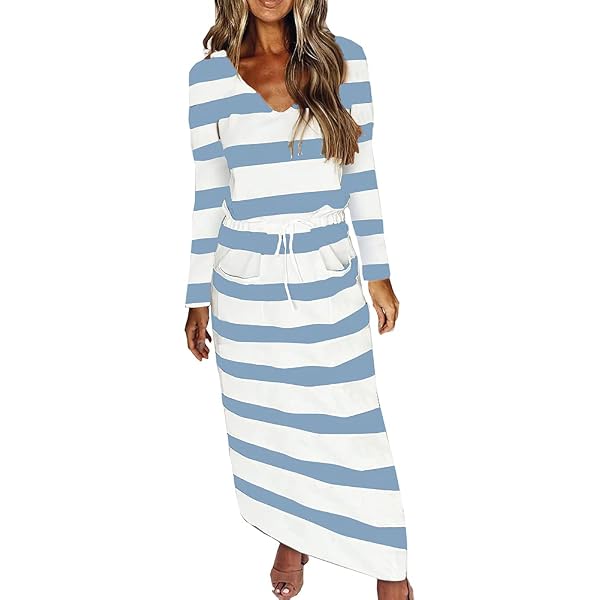 Akivide Womens Summer Dresses V-Neck Stripe Splicing Maxi Dress with  Pockets and Belt Long Sleeve Dress for Women Green at Amazon Women's  Clothing store
