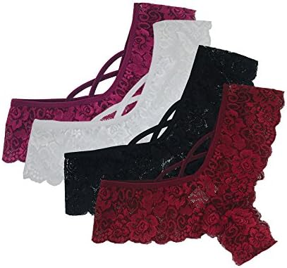 4PC Women Sexy Lingerie Plus Size Lace Flowers Low Waist Underwear Panties G-String Thongs Temptation Briefs Knickers Underpant for Ladies