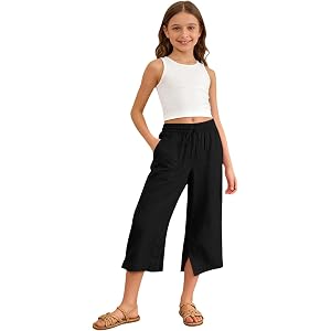 Girls Linen Capri Pants Wide Leg Cozy Elastic Waist Flowy Casual Pants Summer Beach Cropped Trousers with Pockets