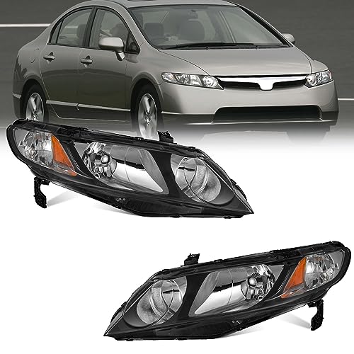 Pair Of Black Headlight Assemblies For 2006-2011 Honda Civic Sedan 4-Door - Left & Right Set