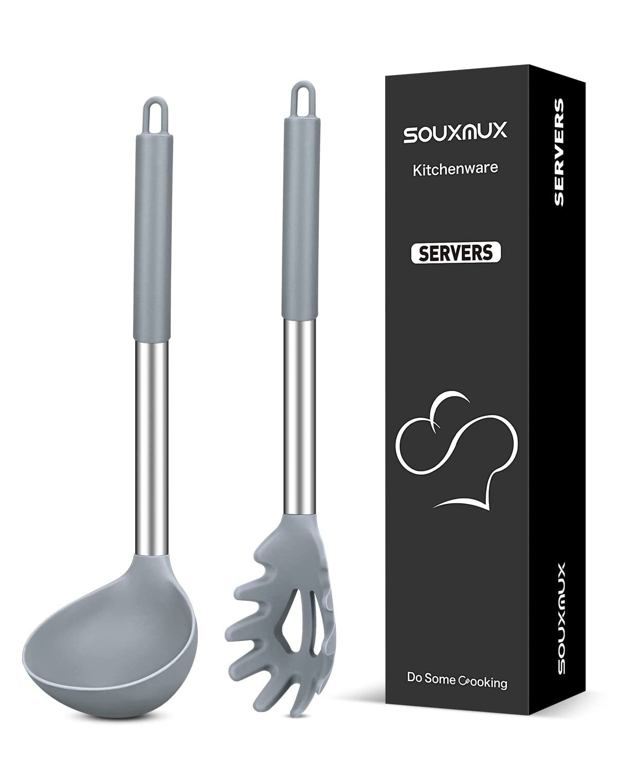 Silicone Pasta Fork and Soup Ladle Set, Non-Stick BPA Free Heat-Resistant Handy Kitchen Utensils for Cooking, Serving, Draining, Stirring (Grey)