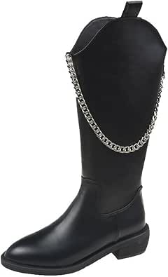Amazon.com: Botas vaqueras para mujer, con punta redonda, de piel  sintética, con cierre de cadena, larga duración, vaquera, hasta la rodilla,  botas occidentales : Ropa, Zapatos y Joyería
