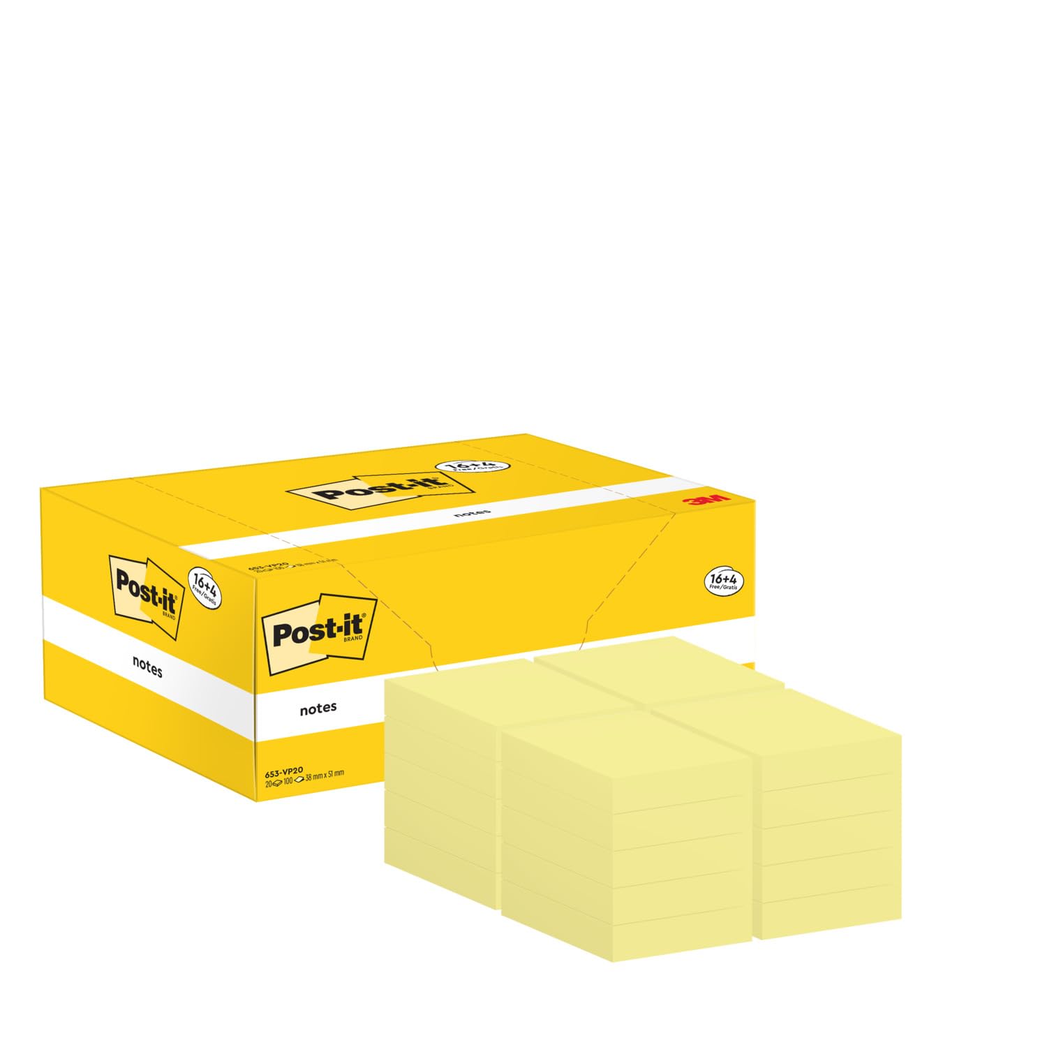 Post-it Notes, Canary Yellow, Promo Pack, 16 + 4 Free Pads, 38 mm x 51 mm, 100 Sheets per Pad - Extra Sticky Notes for Walls, Monitors and Fridge