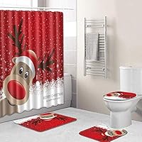 Hamkaw Merry Christmas Shower Curtain Sets, 4 Pcs Xmas Shower Curtain/Non-Slip Bathroom Rugs/Lid Toilet Cover/Bath Mat, Funny Santa Claus Christmas Tree Elk Snowman Carpet Bathroom Decor