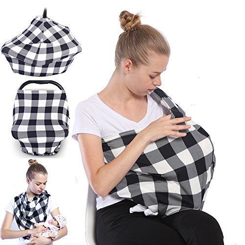 Nursing Breastfeeding Cover Scarf, Baby Car Seat Cover Canopy, Shopping Cart / Stroller / Carseat Covers, Breathable Windproof Stretchy 5 in 1 unisex baby shower gift by Vicsou (Plaid)