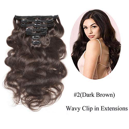 Urbeauty 16" Wavy Clip in Hair Extensions Dark Brown 7Pcs/90g Full Head Body Wave Remy Clip in Human Hair Extensions Triple Weft