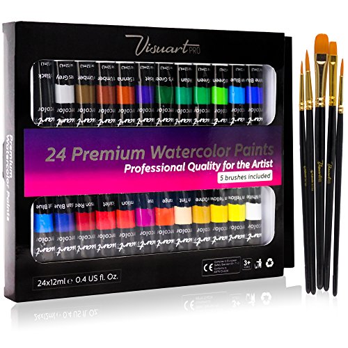 Watercolor Paint Set With 24 Premium Watercolor Paint Tubes And 5 Brushes - The Perfect Painting Kit for Adults, Beginners, Students Or Professional Artists - Thumbnail 7