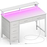 Seventable Computer Desk with Power Outlets & LED Light, 39 inch Home Office Desk with 5 Drawers, Writing Desk with Monitor S
