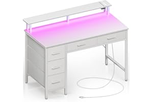 Seventable Computer Desk with Power Outlets & LED Light, 39 inch Home Office Desk with 5 Drawers, Writing Desk with Monitor Stand, Work Desk for Home Office, White