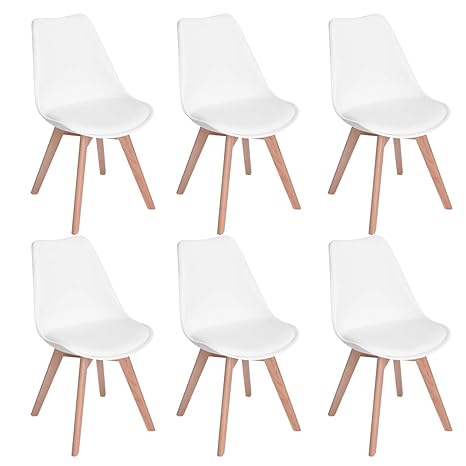 EGGREE 6er Set Esszimmerstühle mit Massivholz Buche Bein, Retro Design Gepolsterter Stuhl Küchenstuhl Holz, Weiß
