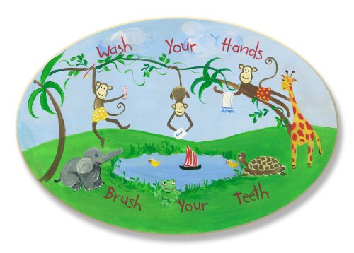 Stupell Home Décor Wash Your Hands, Brush Your Teeth Monkeys At The Watering Hole Oval Wall Plaque, 10 x 0.5 x 15, Proudly Made in USA