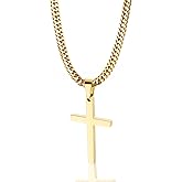 Tuewut Cross Necklace for Men, Silver Gold Stainless Steel Plain Cross Pendant Necklace for Men Cuban Chain 18-26 Inch