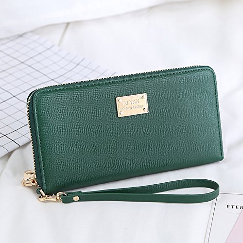 Women Wallet PU Leather Zipper Long Purse Credit Card Clutch Holder Strap Handbag (Green)