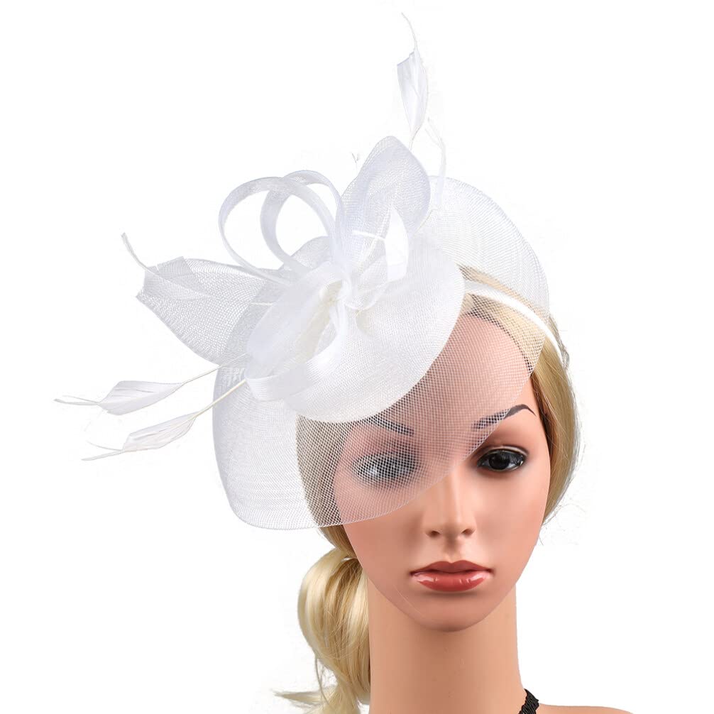 Lurrose Fascinators Hat Tea Party Headband Hair Clip Hairpin Hat Derby 1920s Prom Queen Headpiece for Special Events Weddings Hair Accessories White (KW385400961M)