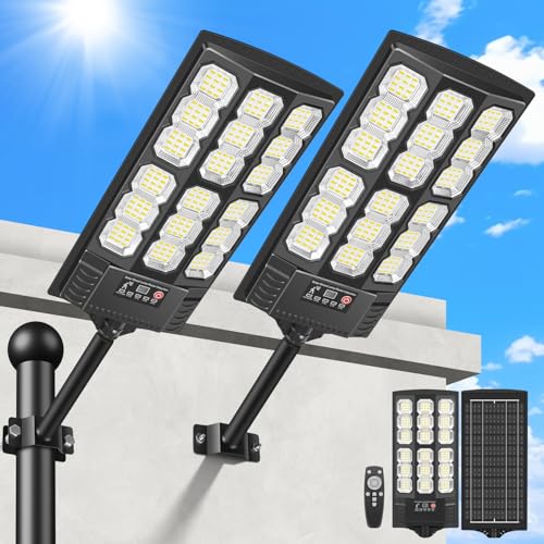 BlueYu Outdoor Solar Led Street Light, 800 W 6500 K IP66 Waterproof Street Light with Motion Sensor and Remote Control, Outdoor Garden Lights for Roads, Patios, Garages (2 Units)