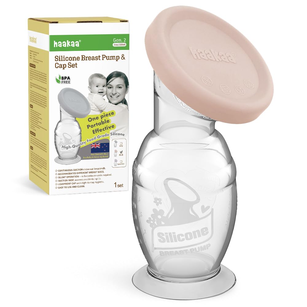 haakaa Manual Silicone Breast Pump with Suction Base and Silicone lid Set, One-Piece Design, Hands-Free Silent Operation, Natural Suction, Spill-Proof & Easy to Clean, 5oz/150ml, Blush