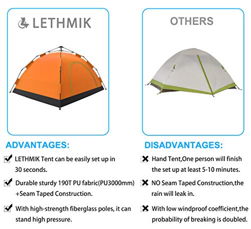 LETHMIK Camping Tent, Automatic Portable Pop-Up Tent, 2-3person, 30 Seconds Easy Set up, Lightweight Tent for Camping Outdoor Hiking with Travel Climbing with Carry Bag, Orange